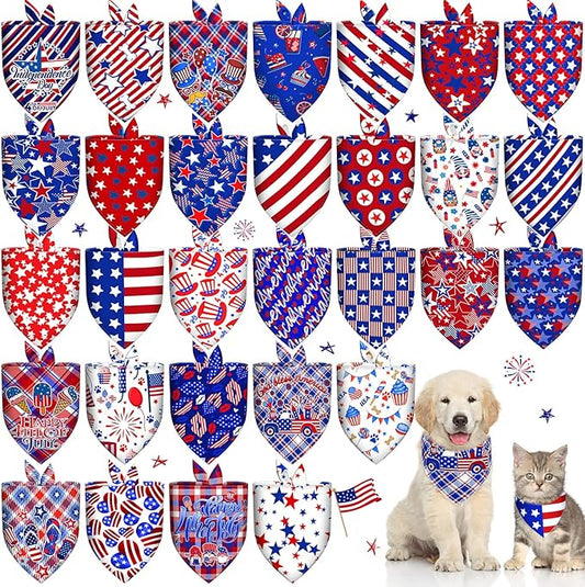 30 Pcs 4th of July Dog Bandanas Bulk American Flag Pet Scarf Triangle Bibs Holiday Puppy Bandanas Washable Adjustable Patriotic Dog Bandana for Independence Day Small Medium Large Dog Cat Pet Grooming