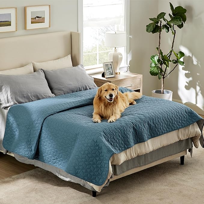 Bedsure 100% Waterproof Bed Cover for Dogs Washable - Non Slip Waterproof Dog Blanket for Bed, Lightweight Furniture Protector Durable for Pet Cat Puppy with Non-Slip Bottom, Blue, 82x102IN