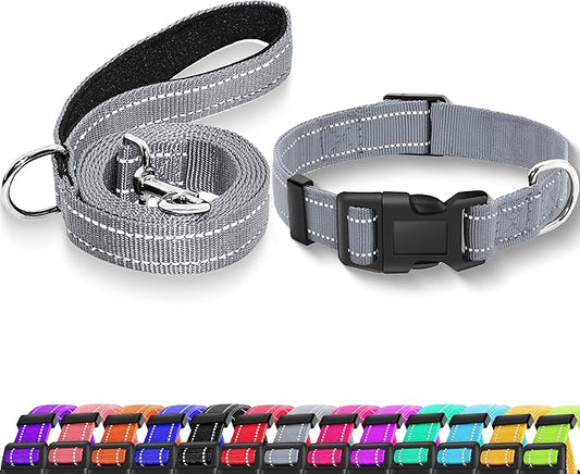 Reflective Dog Collar with Safety Locking Buckle, Adjustable Soft Breathable Nylon Collars for Small, Medium and Large Dogs(Collar+Leash L Gray)