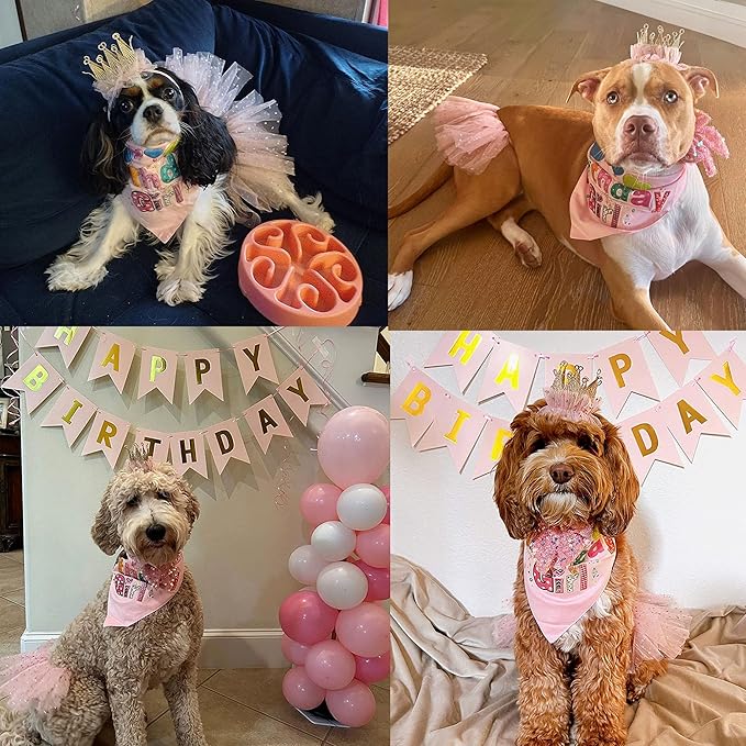 ADOGGYGO Dog Birthday Hat Bandana Girl - Puppy Birthday Party Supplies - Pink Tutu Hat Scarf Bow Banner Set for Medium Large Dogs (Large)
