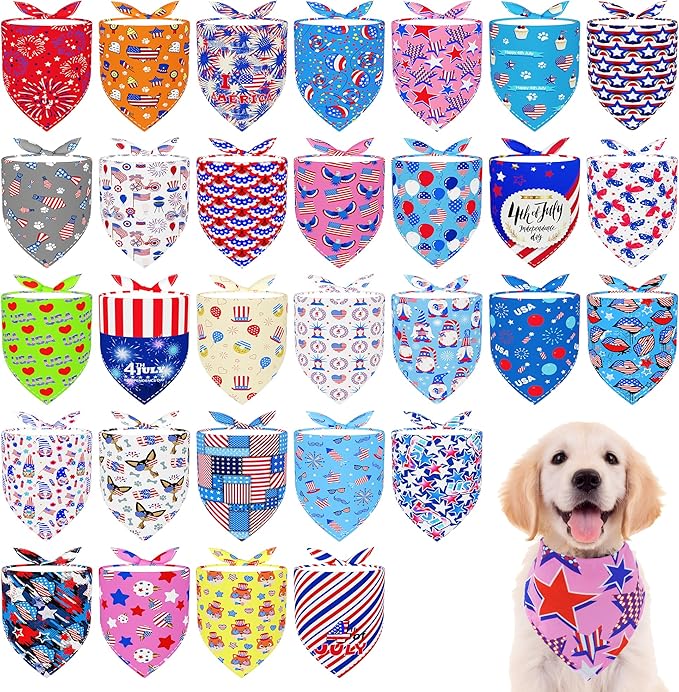 30 Pcs Patriotic Small Dog Bandanas Bulk 25 Inch Independence Day Dogs Bandana for Medium Dogs Breed 4th of July Dog Bandanas Large Cats Grooming M