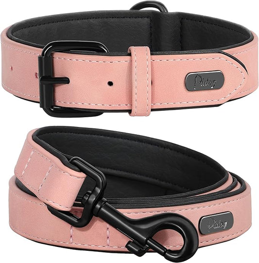 Didog Soft Padded Leather Dog Collar and Leash Set, Heavy Duty Pink Breathable Pet Collars with 4FT Leather Dog Leash for Small Medium Large Dogs, Pink, XL