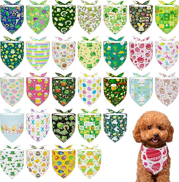 30 Pcs St.Patricks Day Easter Dog Bandanas Bulk 18 Inch Dog Bandanas for Small Dogs Breed Adjustable Puppy Cats Polyester Scarves Party Grooming S
