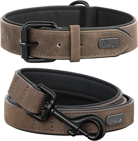 Didog Soft Padded Leather Dog Collar and Leash Set, Heavy Duty Dog Leash and Collar Set with Metal Buckle, Breathable Dog Collars with 4FT Leather Dog Leash for Small Medium Large Dogs, Brown, L
