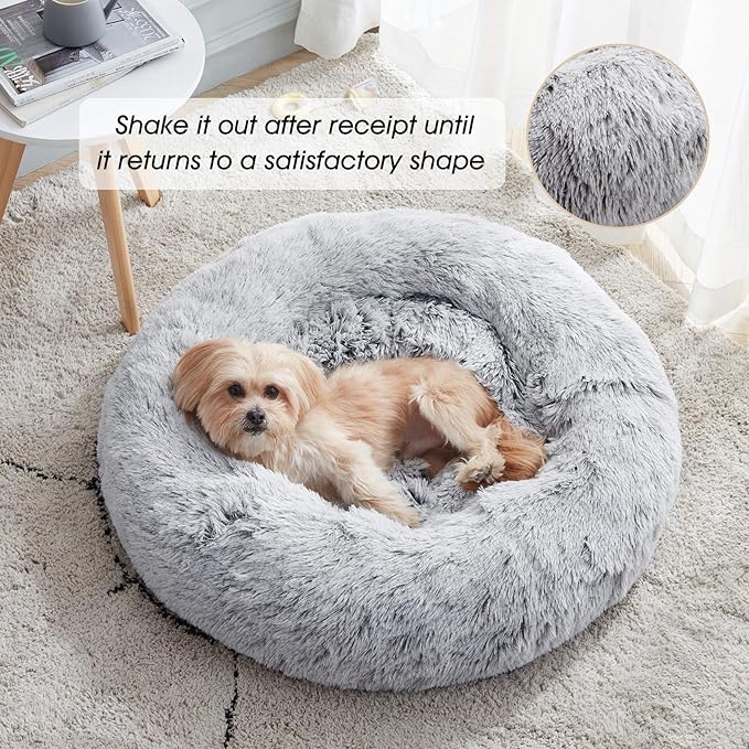 Donut Dog Cuddler Bed Calming, Anti-Anxiety, Warming Cozy Soft Dog Round Bed, Fluffy Faux Fur Plush Dog Cat Cushion bed for Small Medium Dogs and Cats (20"/24"/27"/30")