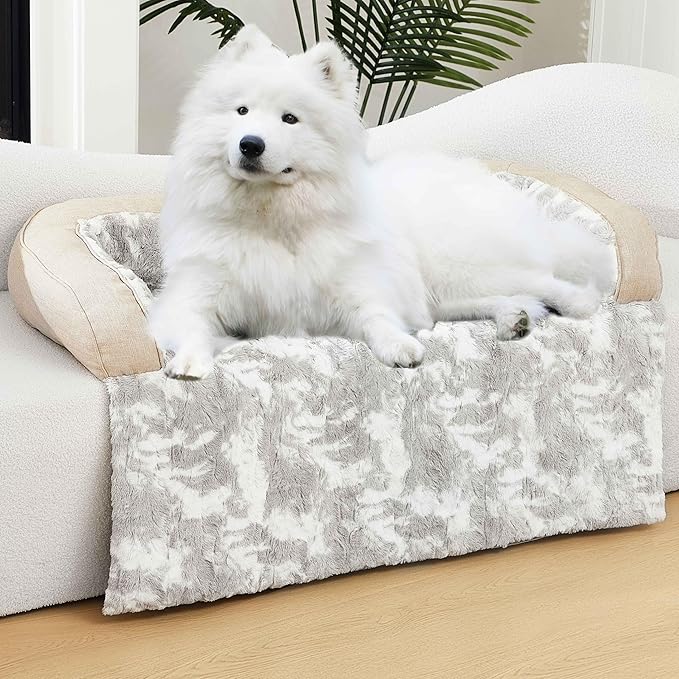 Calming Dog Couch Bed Mat, 53x39 Inch Waterproof Fluffy Sofa Cover, Furniture Protector with Handle, Removable and Washable Pet Bed for Large Dogs and Cats (Beige)