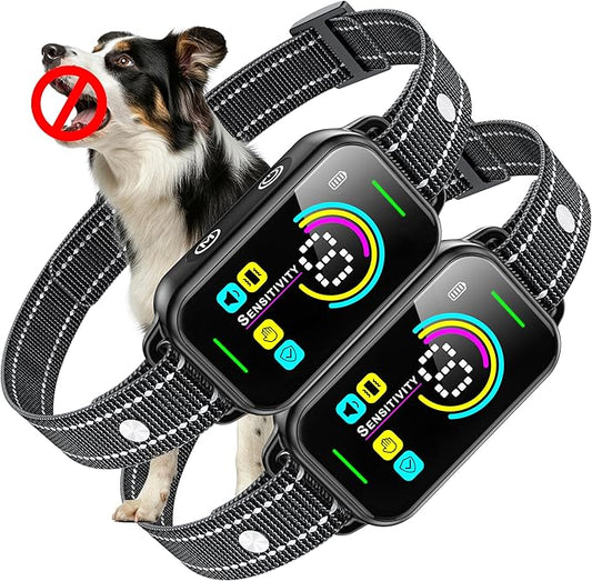 DINJOO 2 Pack Dog Bark Collar for Large Medium Small Dogs,Smart Bark Collar,Rechargeable Anti Barking Training Collar with 8 Adjustable Sensitivity,Bark Collar with Beep