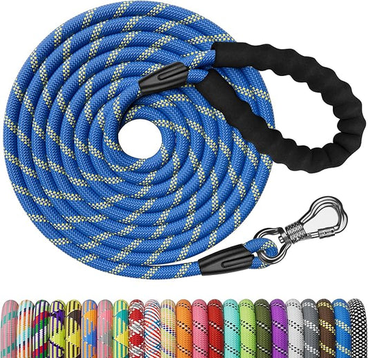 NTR Long Dog Leash - 50 FT Rope with Swivel Hook, Reflective Threads, Comfortable Handle - Training Leash for Medium & Large Dogs - Blue