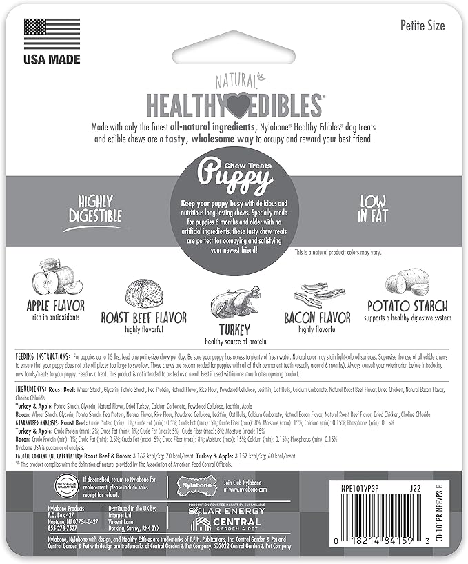 Nylabone Healthy Edibles Natural Puppy Chews Long Lasting Treats for Puppies, Roast Beef, Apple & Bacon Flavor, X-Small/Petite (3 Count)