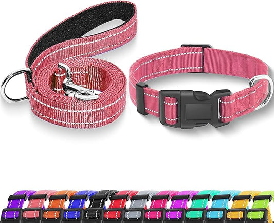 Reflective Dog Collar with Safety Locking Buckle, Adjustable Soft Breathable Nylon Collars for Small, Medium and Large Dogs(Collar+Leash S Width 3/4" Pink)
