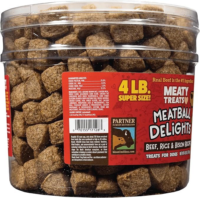 Meaty Treats Meatball Delights Beef, Rice, and Bison Recipe Meatballs Dog Treats, 4 lb Tub