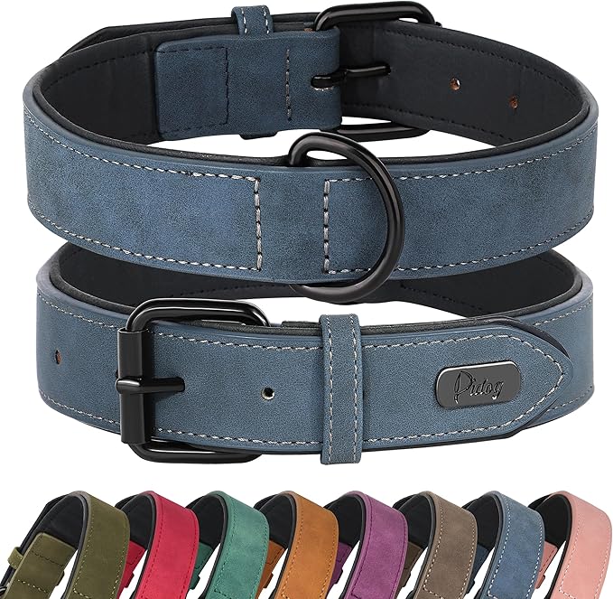 Didog Soft Padded Leather Dog Collar, Breathable Heavy Duty Dog Collar Faux Leather with Adjustable Rust-Proof Metal Buckle for Small Medium Large Dogs, Blue, XL Fit Neck 17-21"(44-71 lbs)