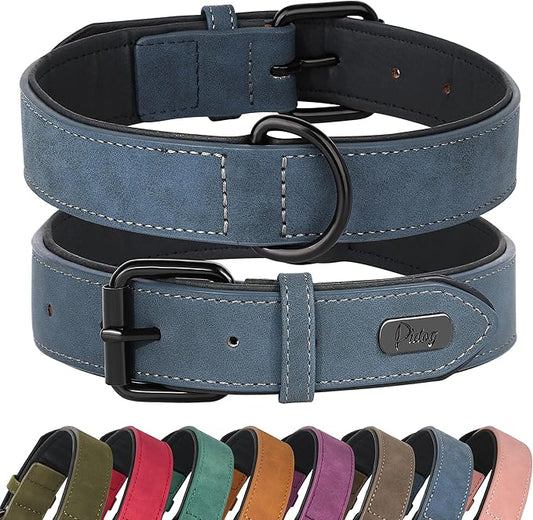 Didog Soft Padded Leather Dog Collar, Breathable Heavy Duty Dog Collar Faux Leather with Adjustable Rust-Proof Metal Buckle for Small Medium Large Dogs, Blue, XL Fit Neck 17-21"(44-71 lbs)