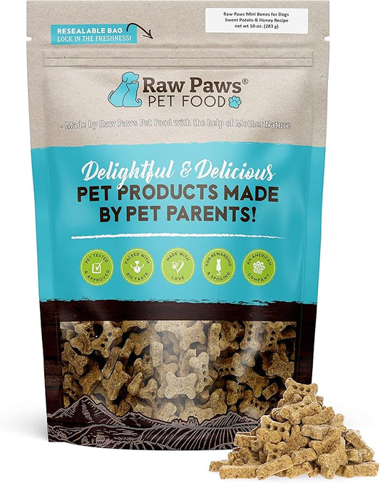 Raw Paws Mini Bones for Dogs - Sweet Potato & Honey Recipe, 10-oz - Made in USA Dog Biscuits, Small Training Treats for Dogs - Wheat, Corn, Soy Free Crunchy Dog Treats