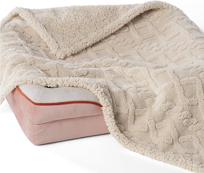 Bedsure Waterproof Dog Blankets for Small Dogs - Pet Blanket for Couch Protector Washable, Premium Jacquard Coral Fleece Cat Throw Blanket, Soft Plush Reversible Furniture Protection, 25"x35", Cream