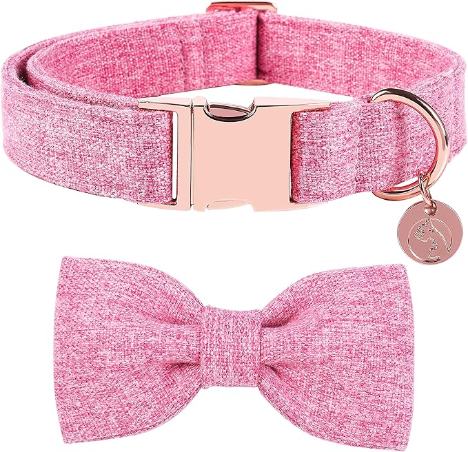 DOGWONG Hemp Cotton Dog Collar with Bow, Pink Pet Collar Durable Adjustable Girl Puppy Collar for Small Medium Large Dogs