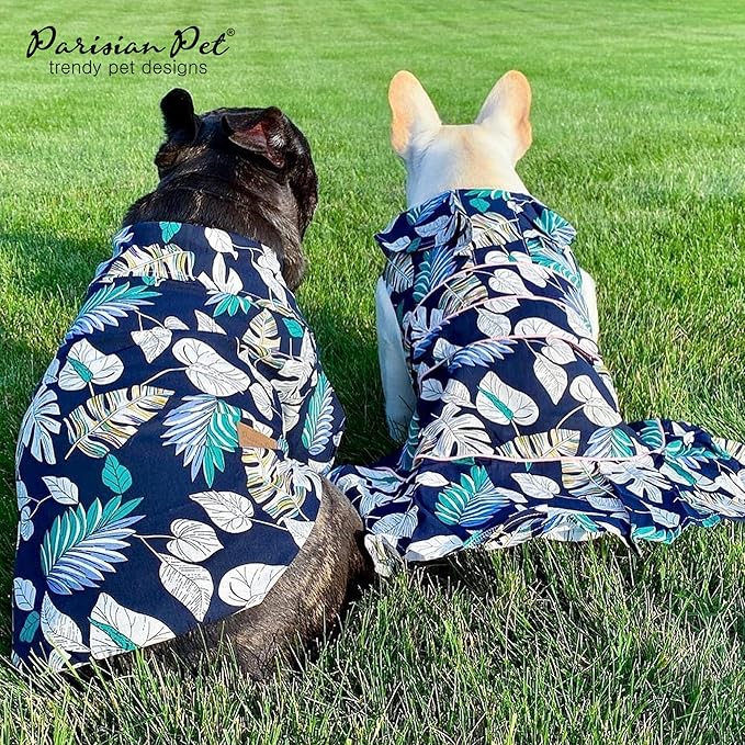 Parisian Pet Palm Leaves Shirt - 100% Cotton Summer Clothes - Stylish Beach Outfit for Dogs - Hook and Loop Closure Costume - Machine Washable - XL for Large Dogs