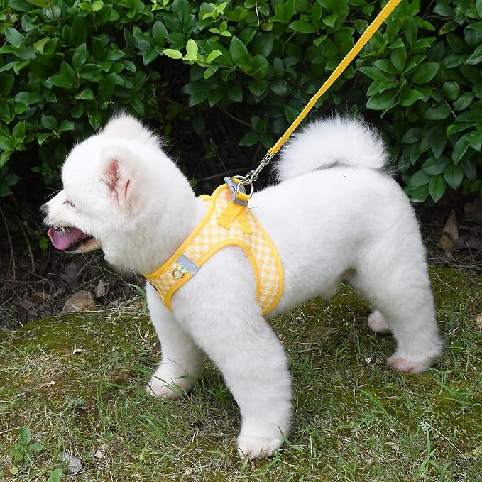 AIITLE Breathable Mesh Dog Vest Harness, No Pull Escape Proof Vest Harnesses with Reflective Bands, Adjustable Plaid Pet Outdoor Harnesses for Small and Medium Dogs Yellow M