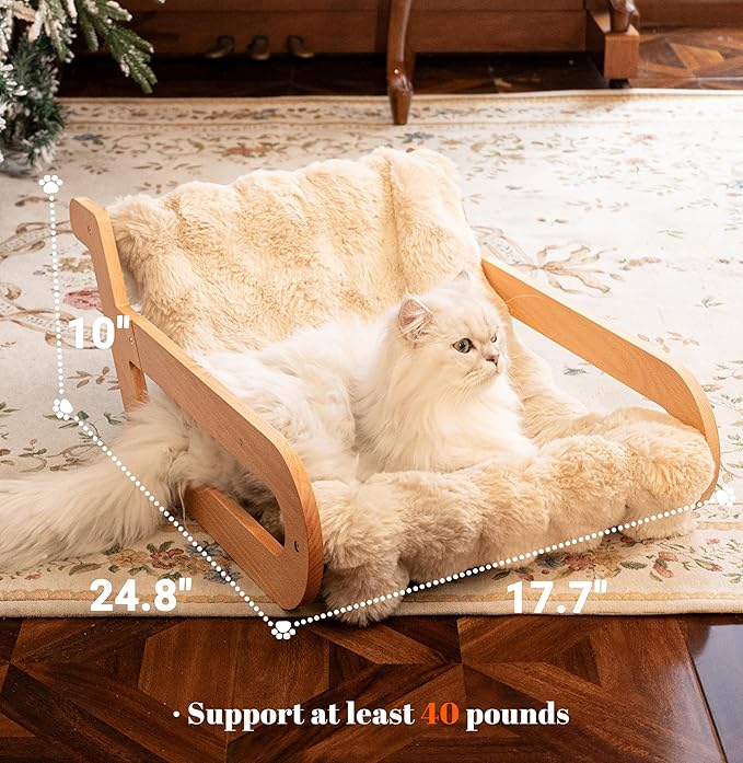 Elevated Cat Couch Bed for Indoor, Wooden Cats Sofa with Washable Fluffy Cover Raised Kitty Lounge Chair Suitable for Puppy(Cat Lounge Khaki)