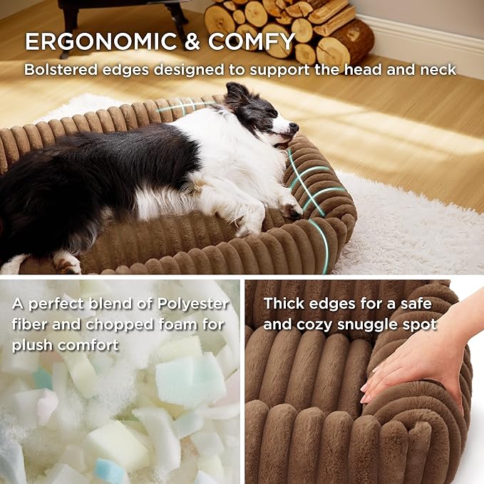 Bedsure Washable Dog Bed for Medium Dogs - Cute Furry Puppy Beds, Rectangle Orthopedic Corduroy Fleece Pet Beds with Removable Zipper Cover, 30x24x8inches, Copper Brown