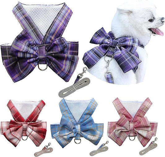 Plaid Dog Dress Bow Tie Harness Leash Set,Dog Clothes Harness Dress with Leash Ring for Small Dogs Girl, Puppy Princess Rabbit Clothes Chihuahua Yorkies Pet Outfits (Purple, Large)