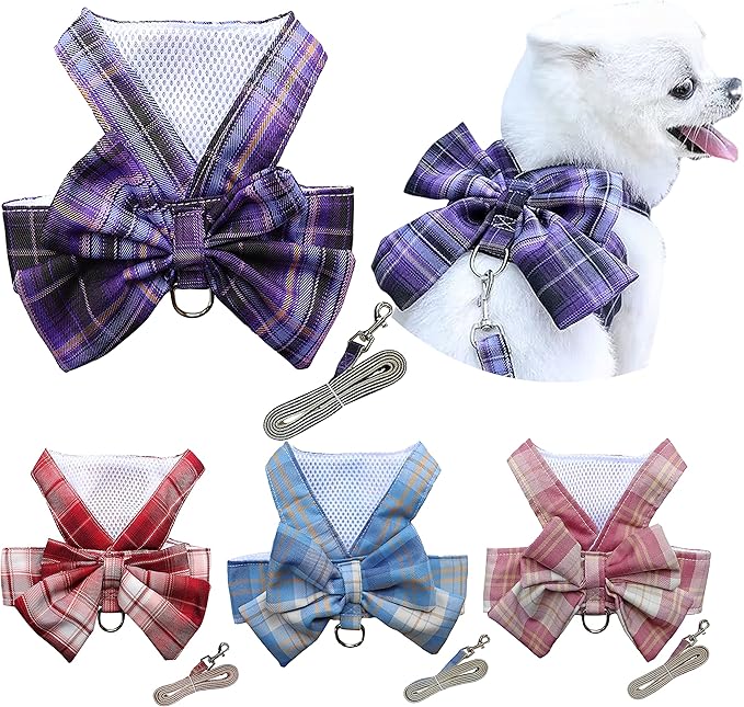 Plaid Dog Dress Bow Tie Harness Leash Set,Dog Clothes Harness Dress with Leash Ring for Small Dogs Girl, Puppy Princess Rabbit Clothes Chihuahua Yorkies Pet Outfits (Purple, XX-Large)