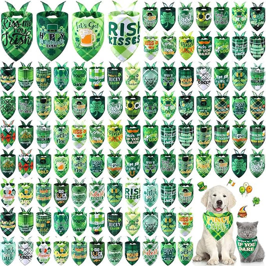 Sweetude 100 Pcs St Patrick's Day Plaid Dog Bandanas Bulk with Sayings Irish Pet Scarf Bibs Adjustable Washable Holiday Costume Accessories Grooming Supplies for Small to Large Cats Dogs