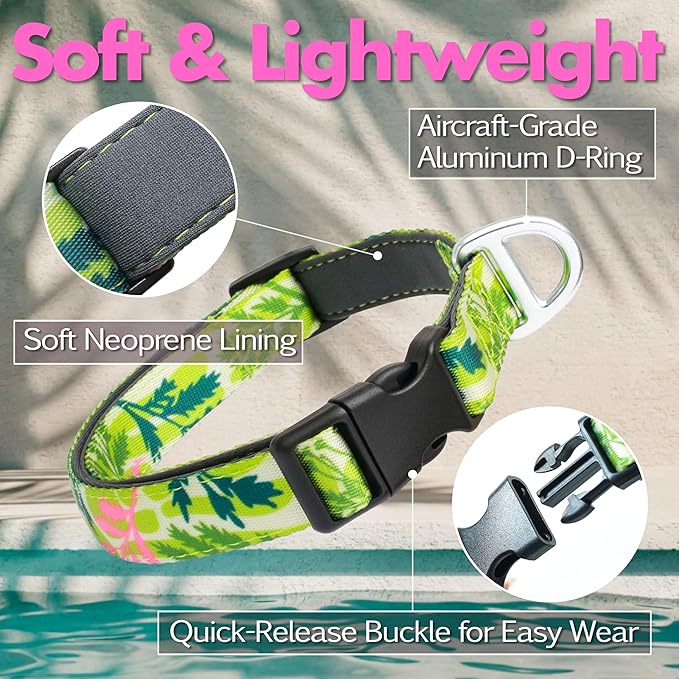 Small Dog Collar with Reflective Logo and Soft Padded Neoprene,Summer Tropical Leaf Design, Adjustable,Lightweight & Durable, Neck Size 9’’-14’’ (Leaf, S)
