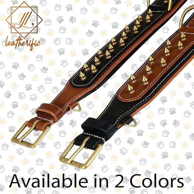 Genuine Leather Dog Collar by Leatherific, Premium Bridle Leather, Heavy Duty, Padded, Strong, Screwed Spikes, Medium, Large, Extra Large Breeds, 2" Wide (Charcoal, Neck Size 18"-22")