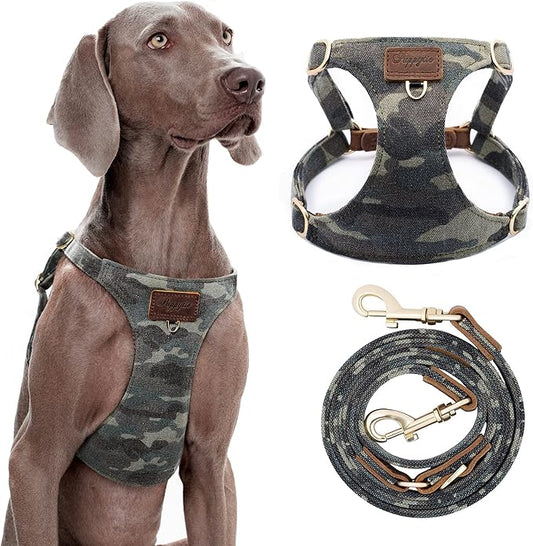 Dog Harness, No Pull Dogs Harness and Multi-Function Leash Set for Medium Dogs Easy Walk Everyday Adjustable Soft Dog Vest Harness Fashionable Dog Accessories Camouflage Green-L
