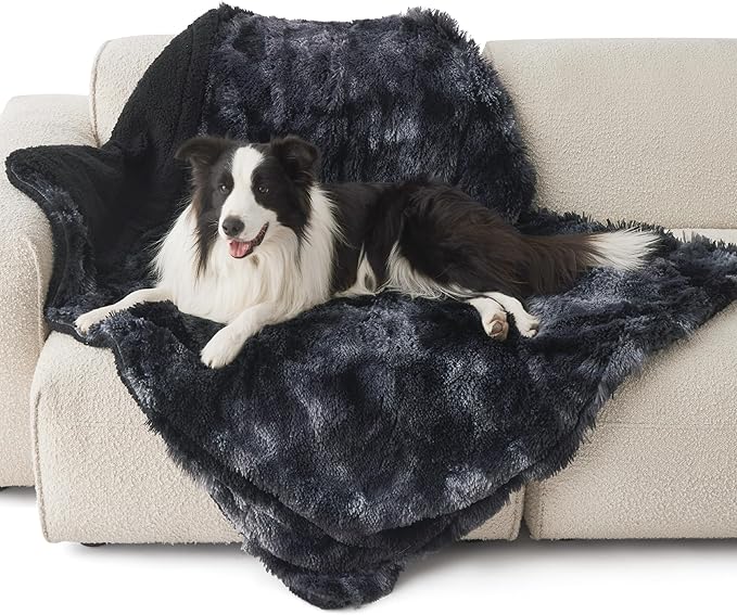 Bedsure Waterproof Dog Blankets for Large Dogs - Calming Cat Blanket for Couch Protector Washable, Long Faux Fur Pet Throw Blanket for Puppy, Reversible Furniture Protection, 50"x60", Tie-dye Black
