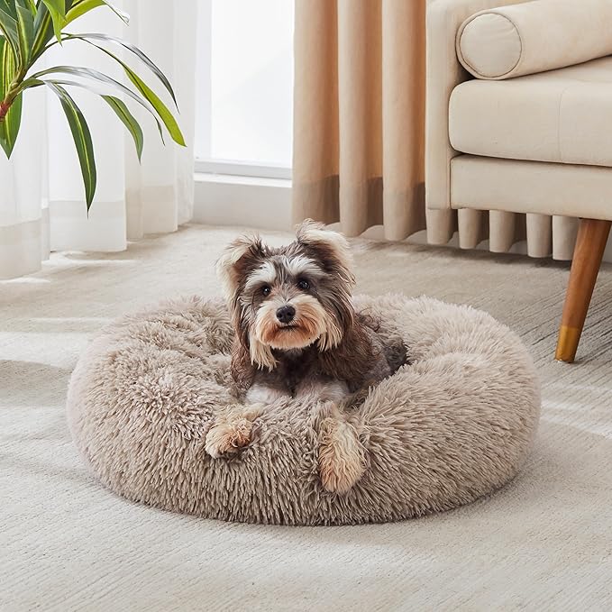 Calming Dog Bed & Cat Bed, Anti-Anxiety Donut Cuddler Warming Cozy Soft Round Bed, Fluffy Faux Fur Plush Cushion bed for Small Medium Dogs and Cats (20"/24"/27"/30")