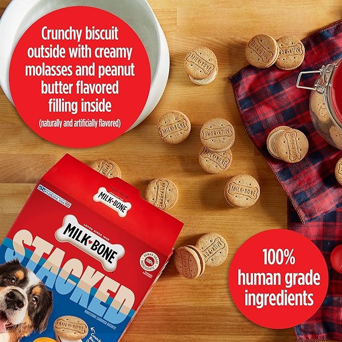 Milk-Bone Stacked Dog Treats, 30 Ounce (Pack of 2), Crunchy Biscuit with Molasses and Peanut Butter Creamy Filling