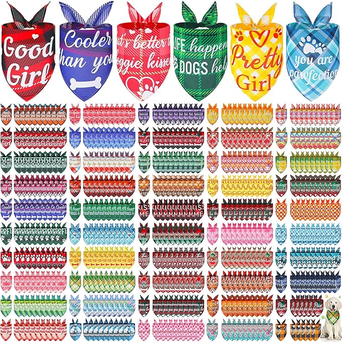 Buryeah 500 Pcs Plaid Dog Bandanas Bulk for Groomers Pet Scarf Puppy Bibs with Cute Sayings Adjustable Washable Pet Spring Summer Accessories for Small to Large Dogs Cats(Classic Plaid)