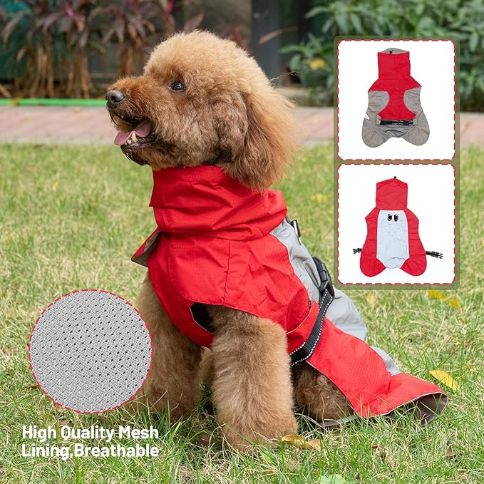 Dog Raincoat with Harness Built in,Outdoor Waterproof Puppy Rain Jacket for Medium Dogs,Adjustable Waist by Strap Doggie Rain Coats,Red M