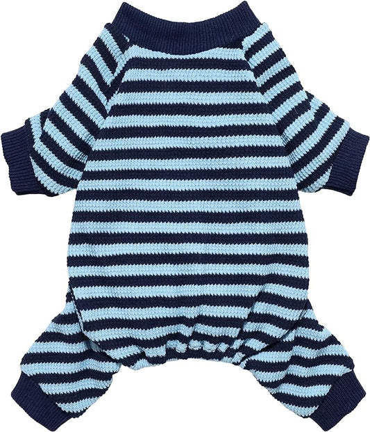 Fitwarm Blue and White Striped Dog Pajamas, Waffle Dog Clothes for Small Dogs Girl Boy, Puppy Onesie with Feet, Pet Cat Outfit, XS