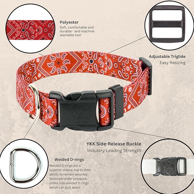 Country Brook Petz - Deluxe Red Bandana Dog Collar - Made in The U.S.A. - Country and Western Collection Featuring Rustic Designs (1/2 Inch, 2XS)