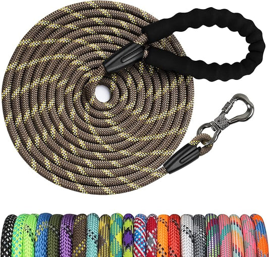 NTR Long Dog Leash, 20FT Check Cord with Swivel Lockable Hook and Comfortable Padded Handle for Reflective Dog Leash for Small Medium and Large Dogs Walking Training Hiking Camping Playing,Brown