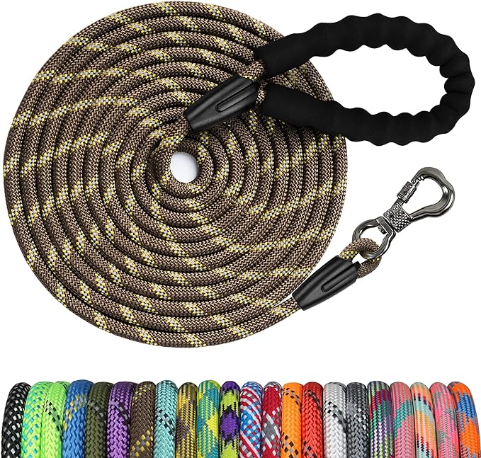 NTR Heavy Duty Dog Leash, 50FT Training Leash with Swivel Lockable Hook and Comfortable Padded Handle, Dog Lead for Walking, Hunting, Camping, Backyard for Small Medium and Large Dogs, Brown