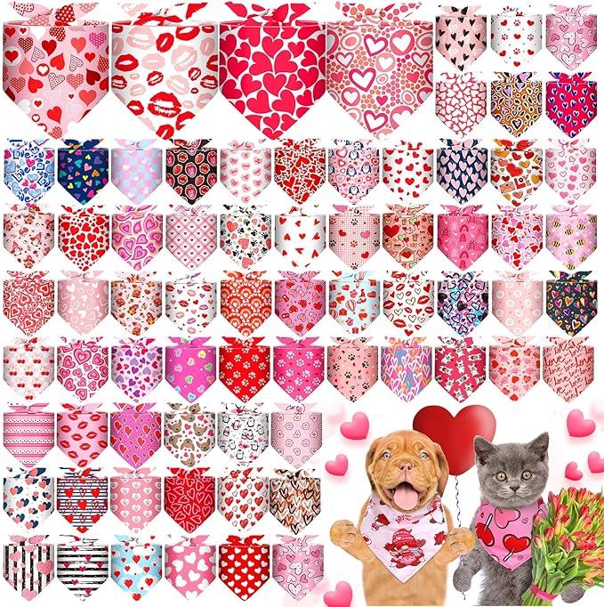 Reginary 72 Packs Valentine‘s Day Dog Bandanas Heart Adjustable Pet Bandanas Triangle Scarf Dog Bibs for Pet Costume Accessories (Heart)