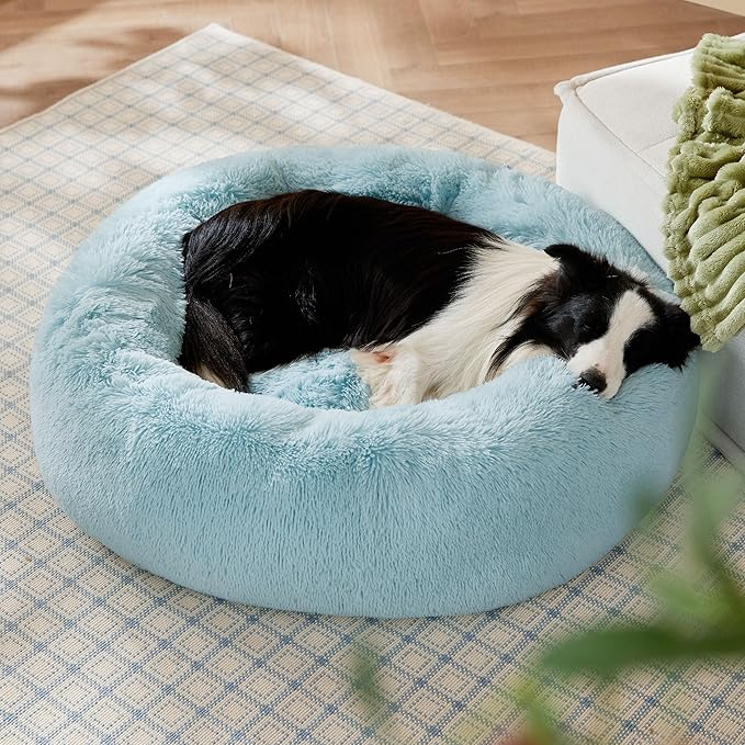Bedsure Calming Dog Bed for Large Dogs - Donut Washable Large Pet Bed, 36 inches Anti-Slip Round Fluffy Plush Faux Fur Dog Bed, Fits up to 100 lbs Pets, Aqua Blue