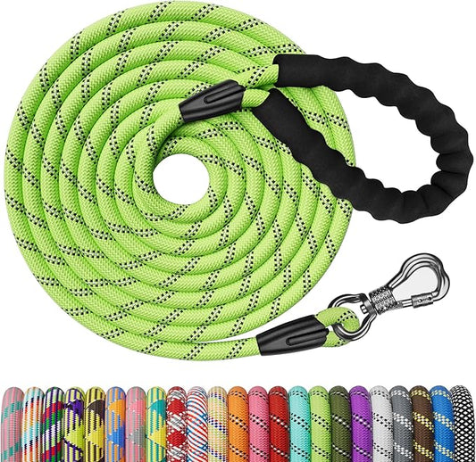 NTR Heavy Duty Dog Leash, 15FT Training Leash with Swivel Lockable Hook, Padded Handle and Highly Reflective Threads, Dog Lead for Walking, Hunting, Camping, Backyard for Small Medium Large Dog Green