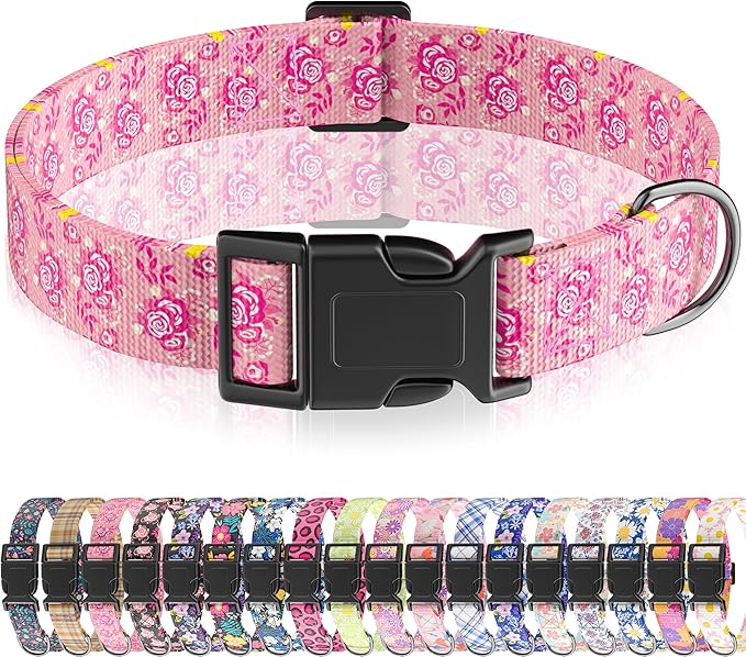 Dog Collar, Cute Floral Puppy Collar for Boys Girls Small Medium Large Dogs, Adjustable Soft Pet Collar Fancy Floral with Quick Release Buckle for Males Females, Pink Rose,S