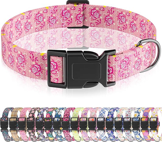Dog Collar, Cute Floral Puppy Collar for Boys Girls Small Medium Large Dogs, Adjustable Soft Pet Collar Fancy Floral with Quick Release Buckle for Males Females, Pink Rose,XS