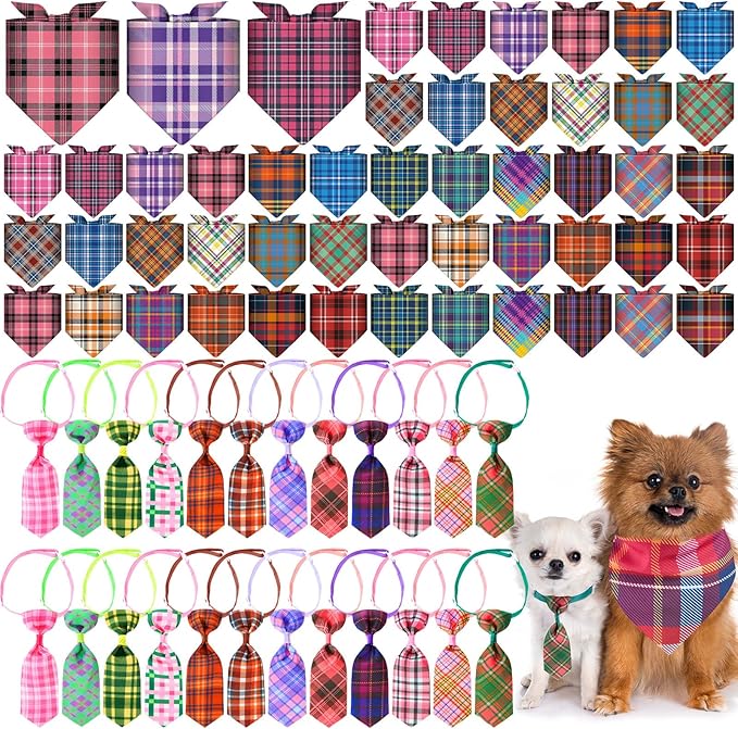 72 Pcs Dog Bandanas Tie Set Summer Bulks Pet Scarves with Assorted Plaid Pattern Adjustable Cute Dog Triangle Scarfs Neck Ties for Holiday Birthday Accessories