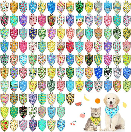 120Pcs Spring Summer Dog Bandanas Bulk Hawaiian Dog Scarves Fruit Triangle Puppy Bandanas Washable Adjustable Pet Bandana for Small Medium Large Dog Puppy Pet Grooming Accessories
