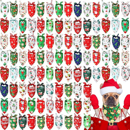 Abbylike 100 Pieces Christmas Dog Bandanas Bulk Xmas Bandanas for Dogs Triangle Kerchief Set Bibs Scarf with Christmas Patterns for Pets Costume Accessories Decoration