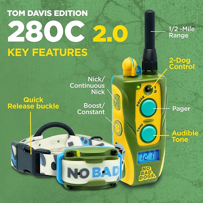 Dogtra E-Collar Tom Davis 280C 2.0 [2025 Edition], Boost & Lock, Waterproof, 1/2-Mile Range Dog Training Collar with Remote, Rechargeable, 127 Levels, Vibration, Bungee, No Bad Dogs Trainer