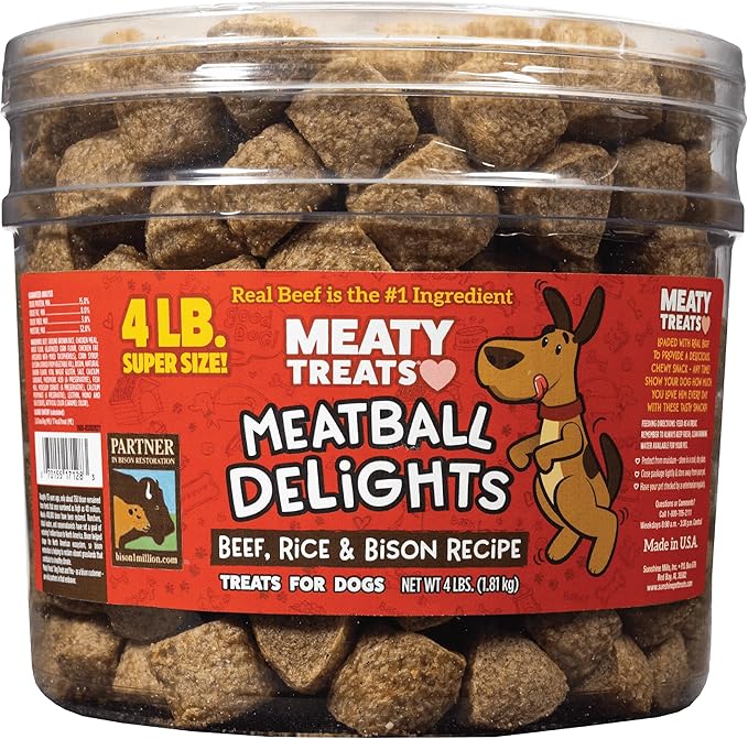 Meaty Treats Meatball Delights Beef, Rice, and Bison Recipe Meatballs Dog Treats, 4 lb Tub