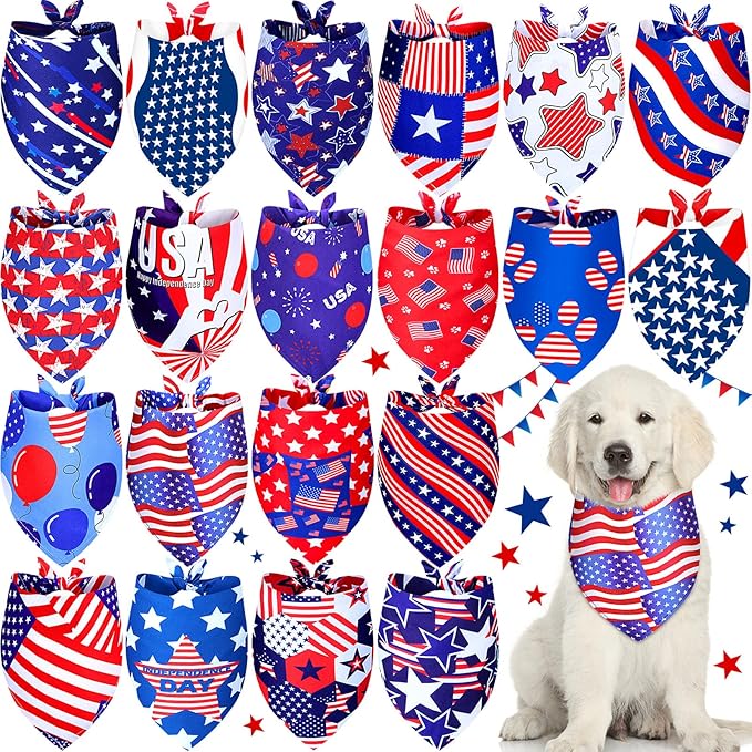 Eccliy 20 Pcs 4th of July Dog Bandanas for Pets Memorial Day Dog Bandanas Gifts Independence Day Pet Scarf Washable Triangle Bibs American Flag Patriotic Adjustable Pet Kerchief for Cat